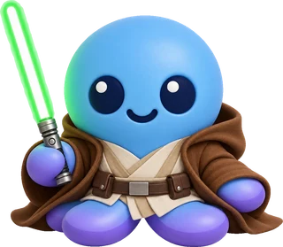 Ockie dressed as a Jedi, holding a green lightsaber