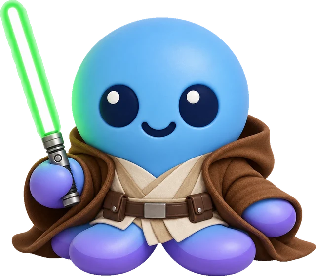 Ockie dressed as a Jedi, holding a green lightsaber